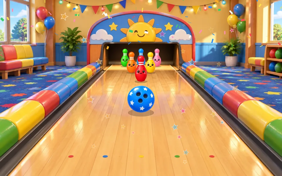 Pista de boliche infantil com proteções coloridas, seis pinos de carinha sorridente no fundo e uma bola azul de estrelas rolando, com confete no ar.
