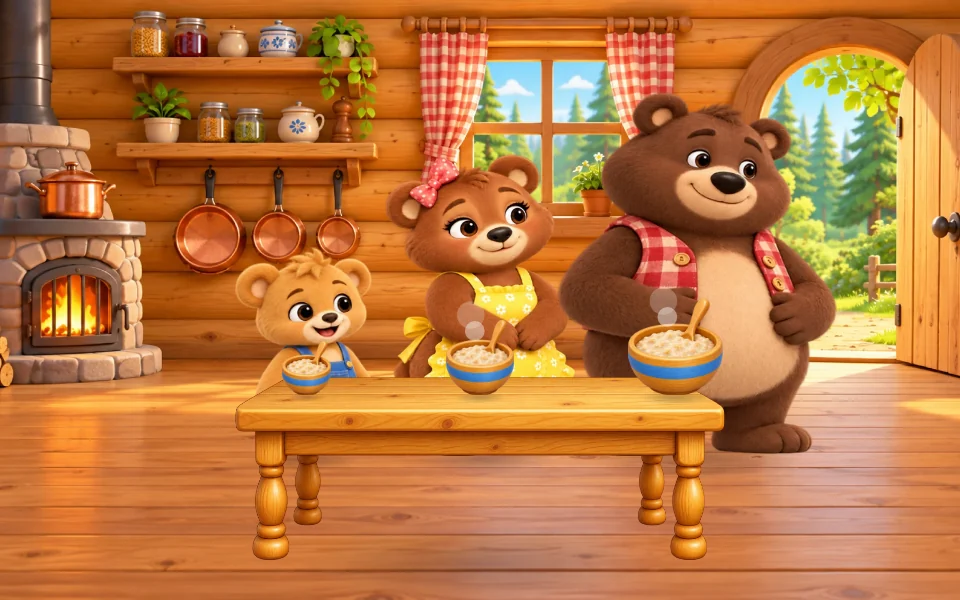 Os três ursos à mesa da cozinha com as tigelas de mingau fumegando.