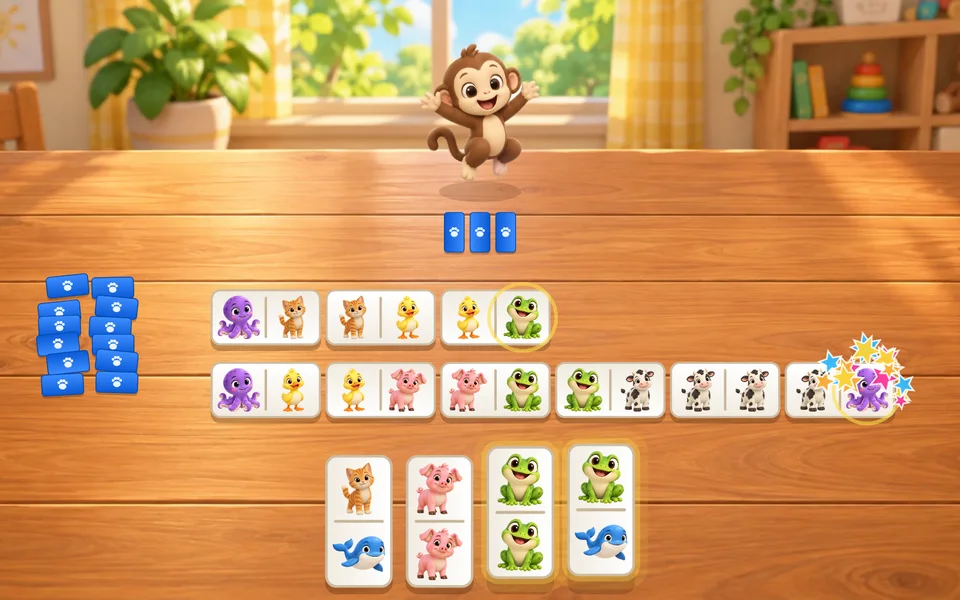 Mesa de madeira num quarto de brinquedos, com um macaquinho sorridente na borda da mesa; no meio, uma fila de peças de dominó com gatinho, patinho, porquinho, sapinho, vaquinha e polvo, e embaixo as peças da criança.