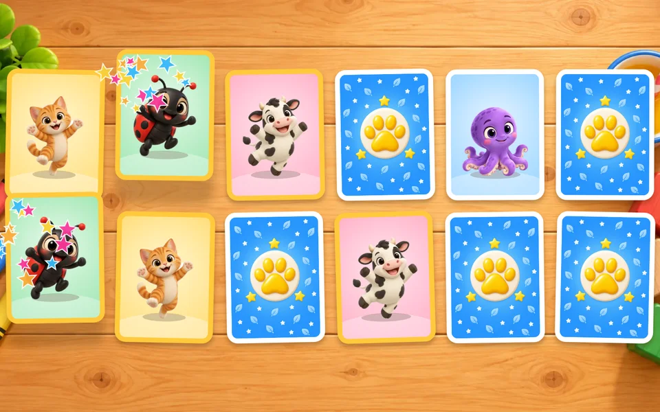 Cartas de jogo da memória sobre uma mesa de madeira: dois gatinhos e duas vaquinhas já achados com borda dourada, duas joaninhas pulando entre estrelas, um polvo aberto e cinco cartas azuis viradas.