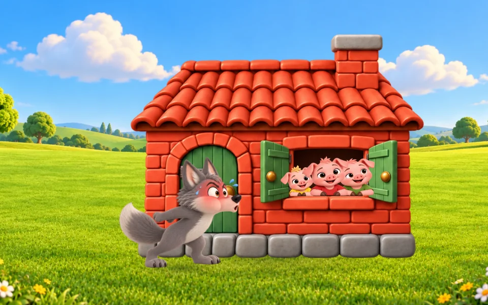 O lobo vermelho de tanto soprar na porta da casa de tijolos, com os três porquinhos na janela.