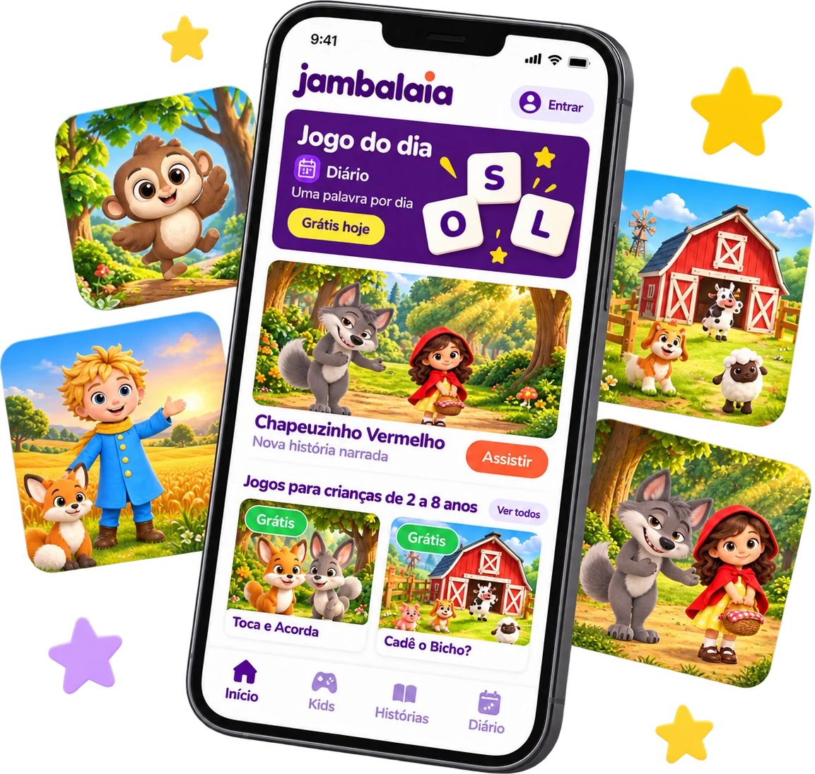 O app Bamboleio no celular, com o jogo do dia, a história da Chapeuzinho Vermelho e jogos para crianças